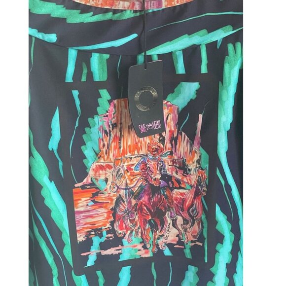 Save the Queen Cowboy 80s Top Womens Large Green Black Boat Neck Stretch - Picture 6 of 9